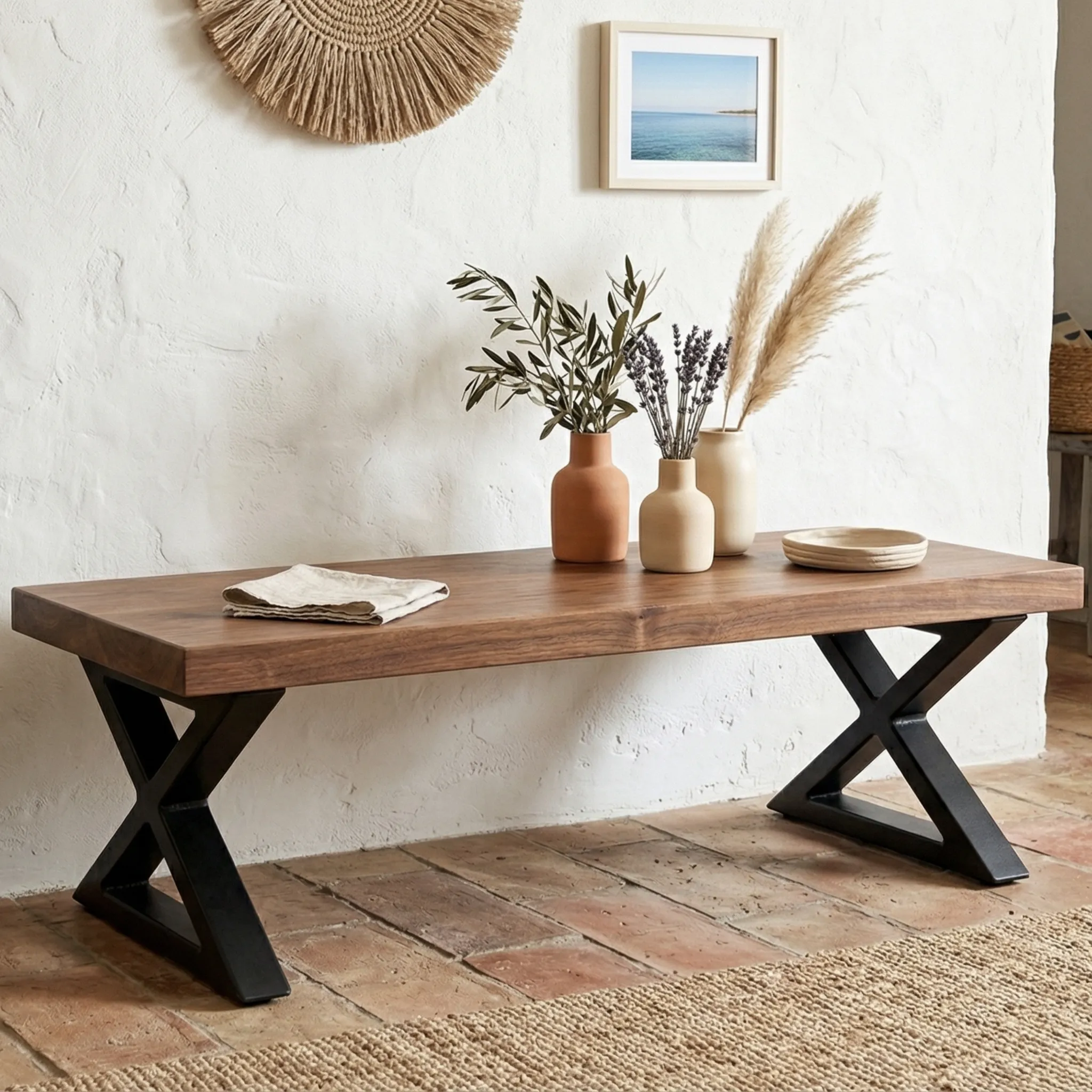 Live Edge Wood Bench with X Steel Legs - view 2