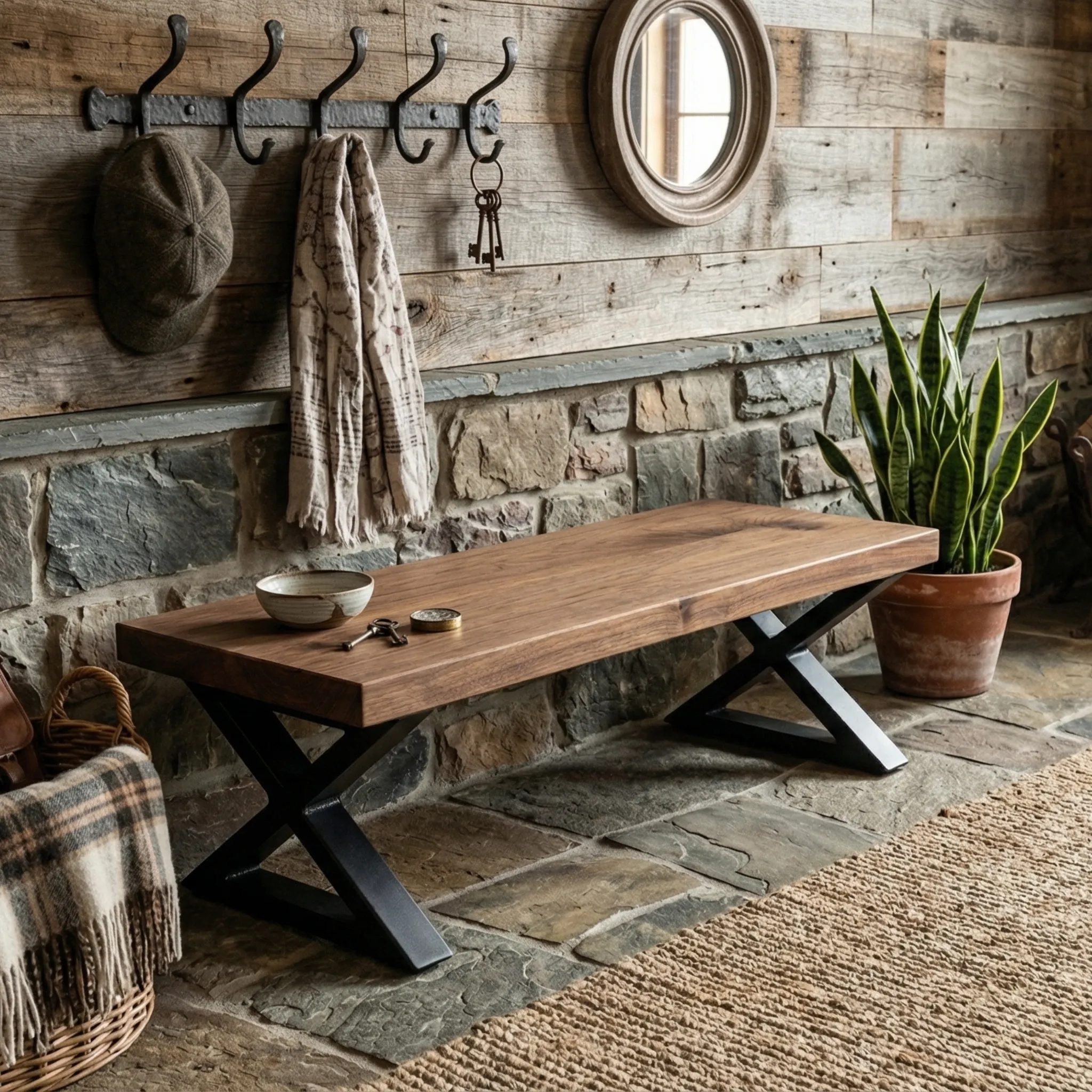 Live Edge Wood Bench with X Steel Legs - view 3