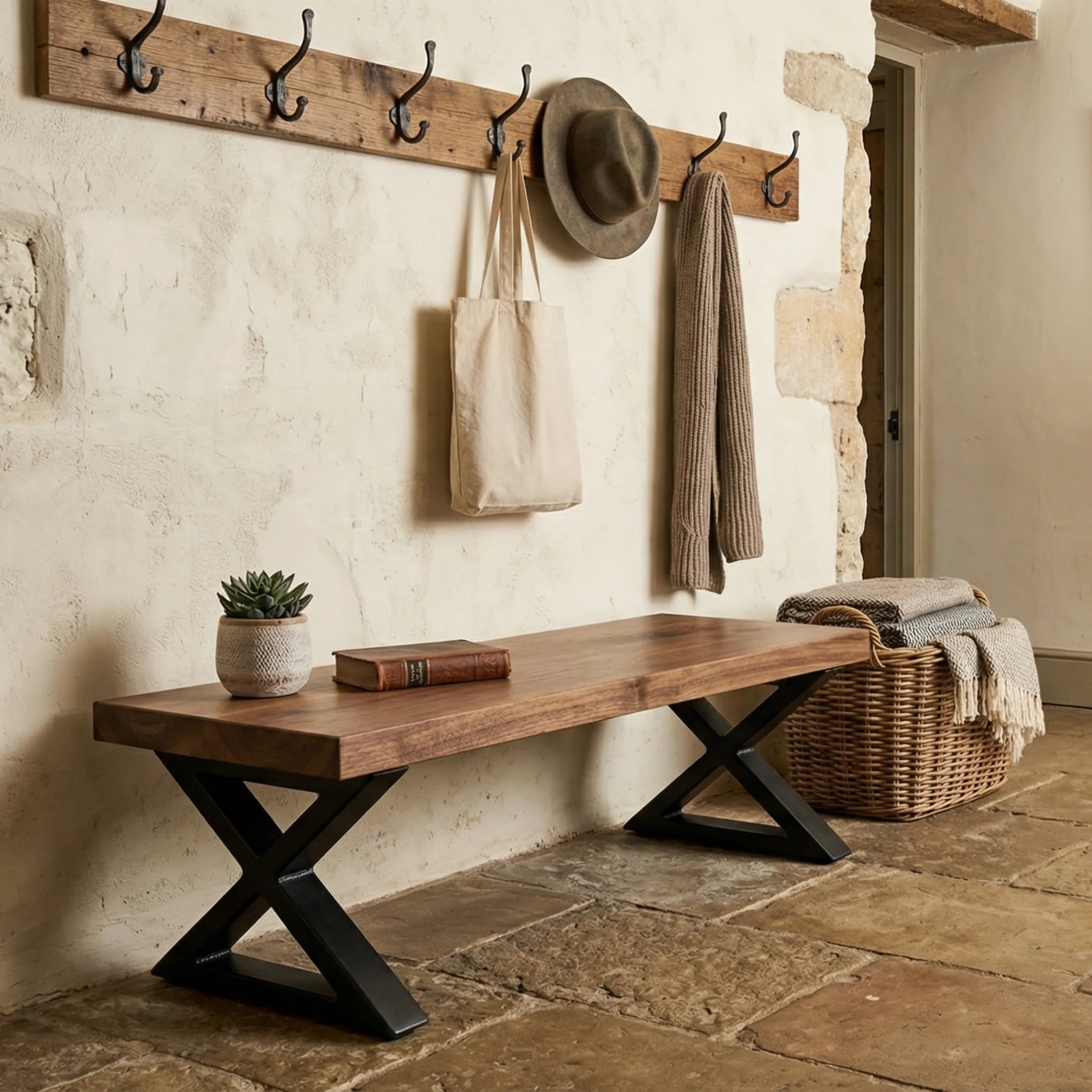 Live Edge Wood Bench with X Steel Legs - view 4