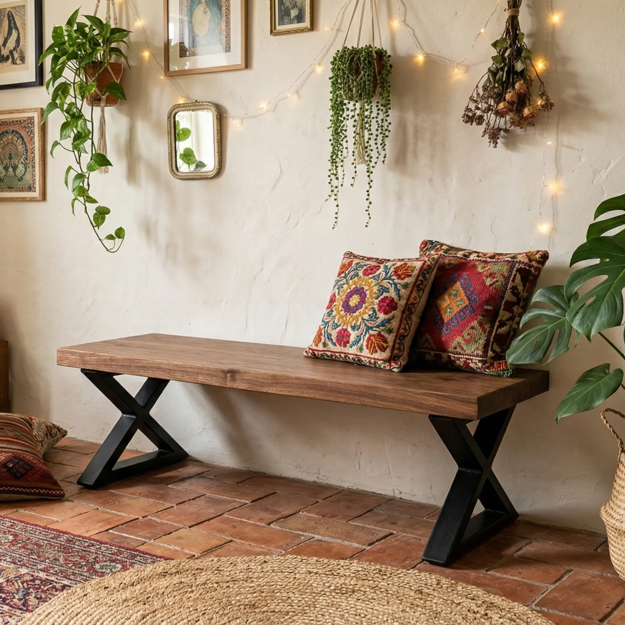 Live Edge Wood Bench with X Steel Legs