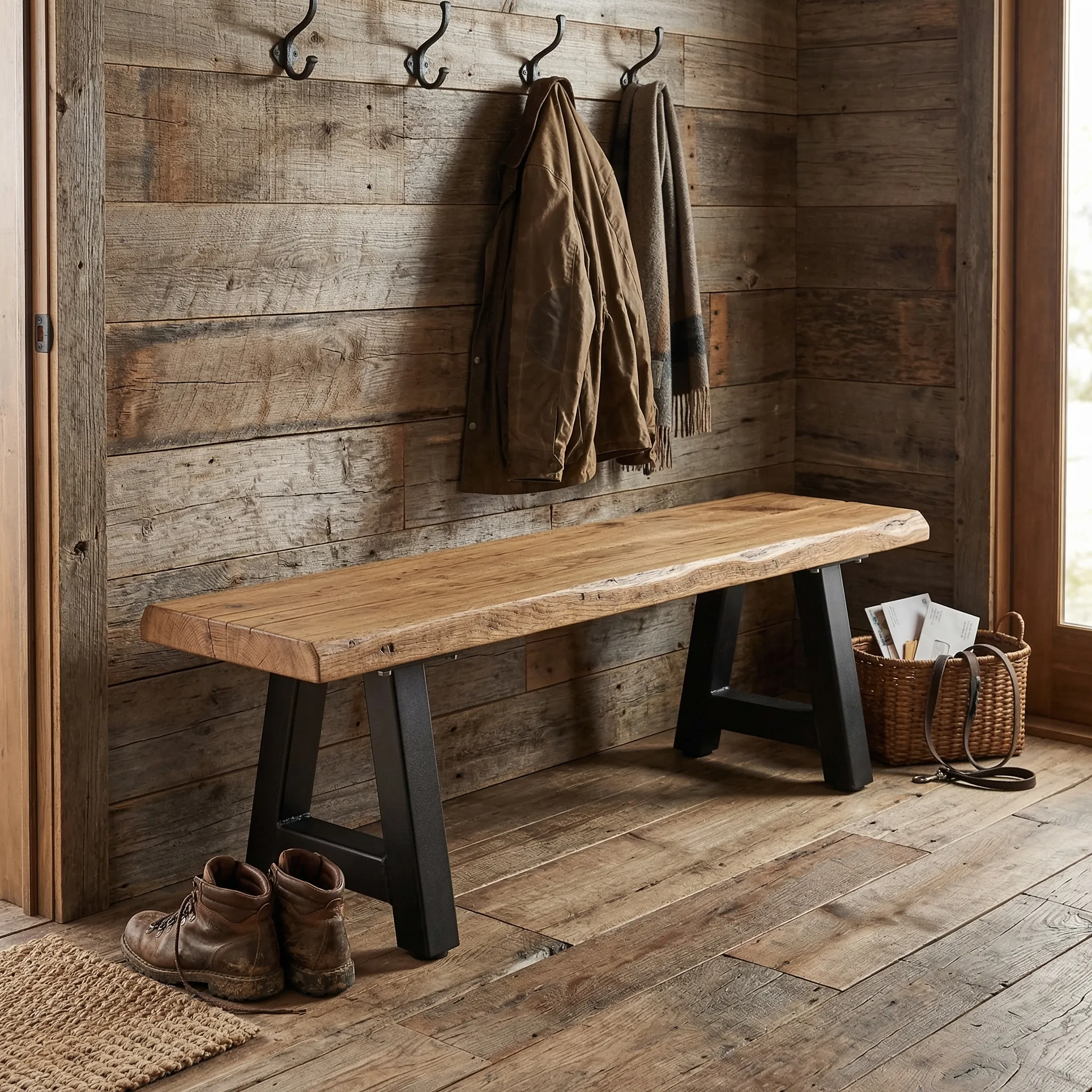 Industrial Solid Wood Bench with Hairpin Legs - view 2
