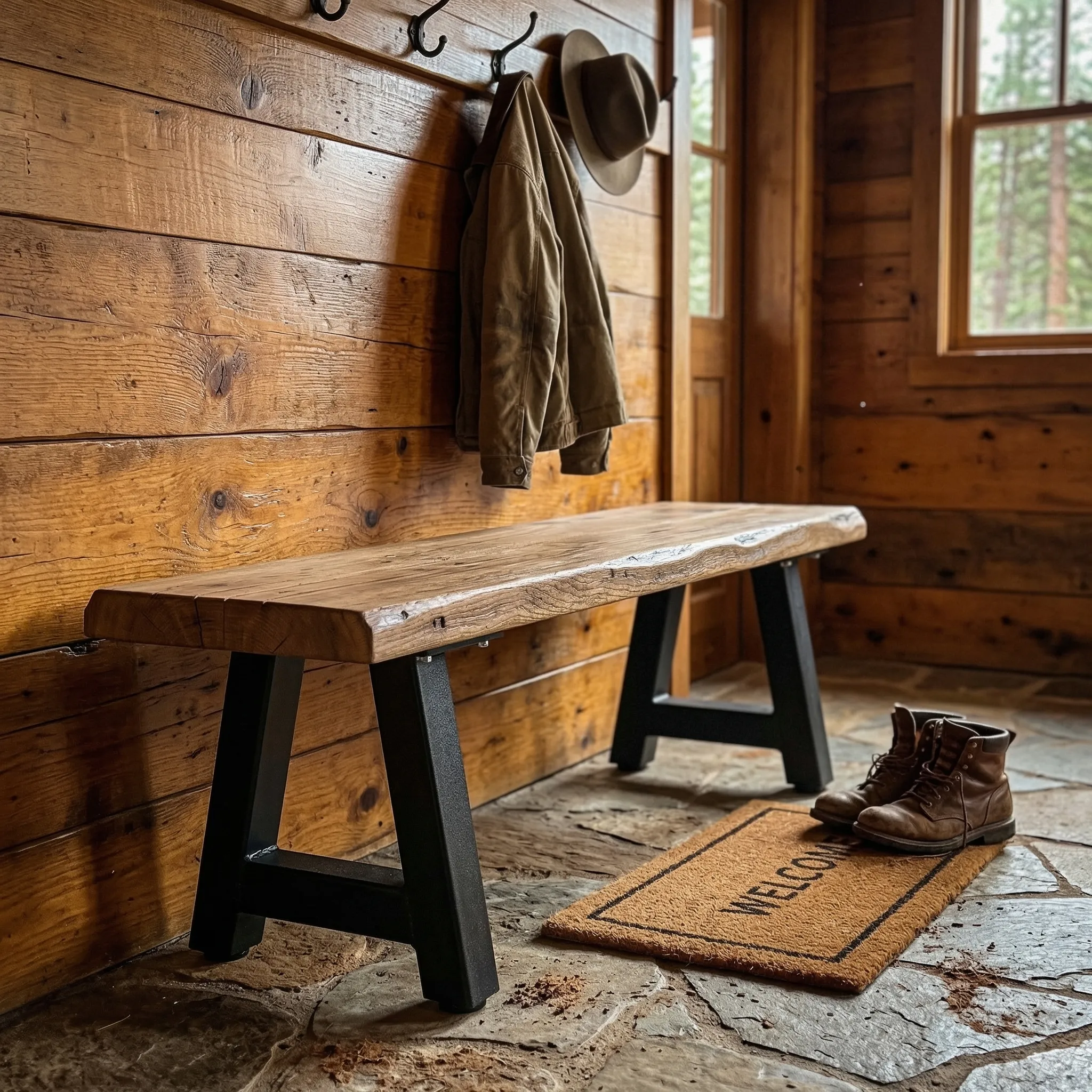 Industrial Solid Wood Bench with Hairpin Legs - view 4