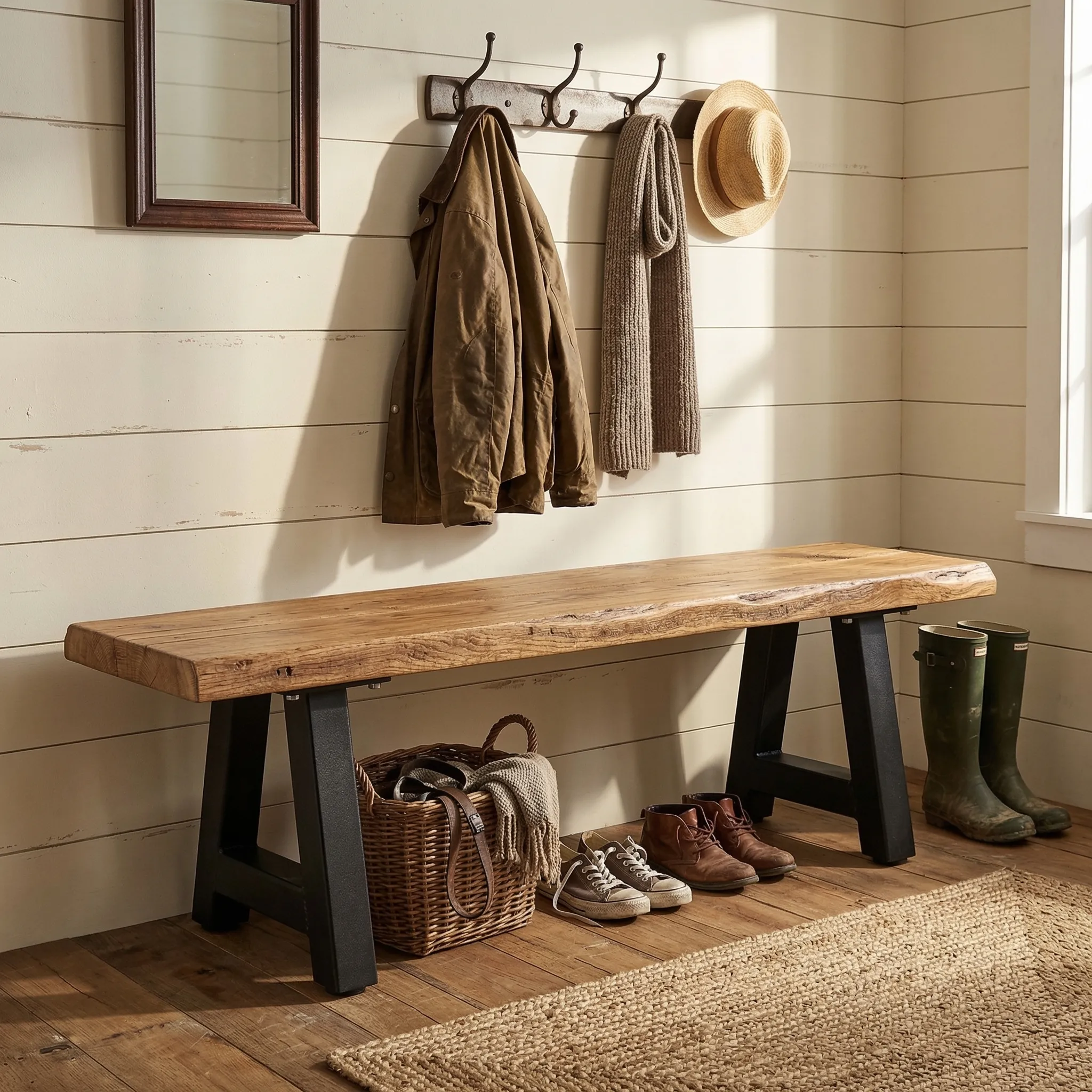 Industrial Solid Wood Bench with Hairpin Legs - view 7