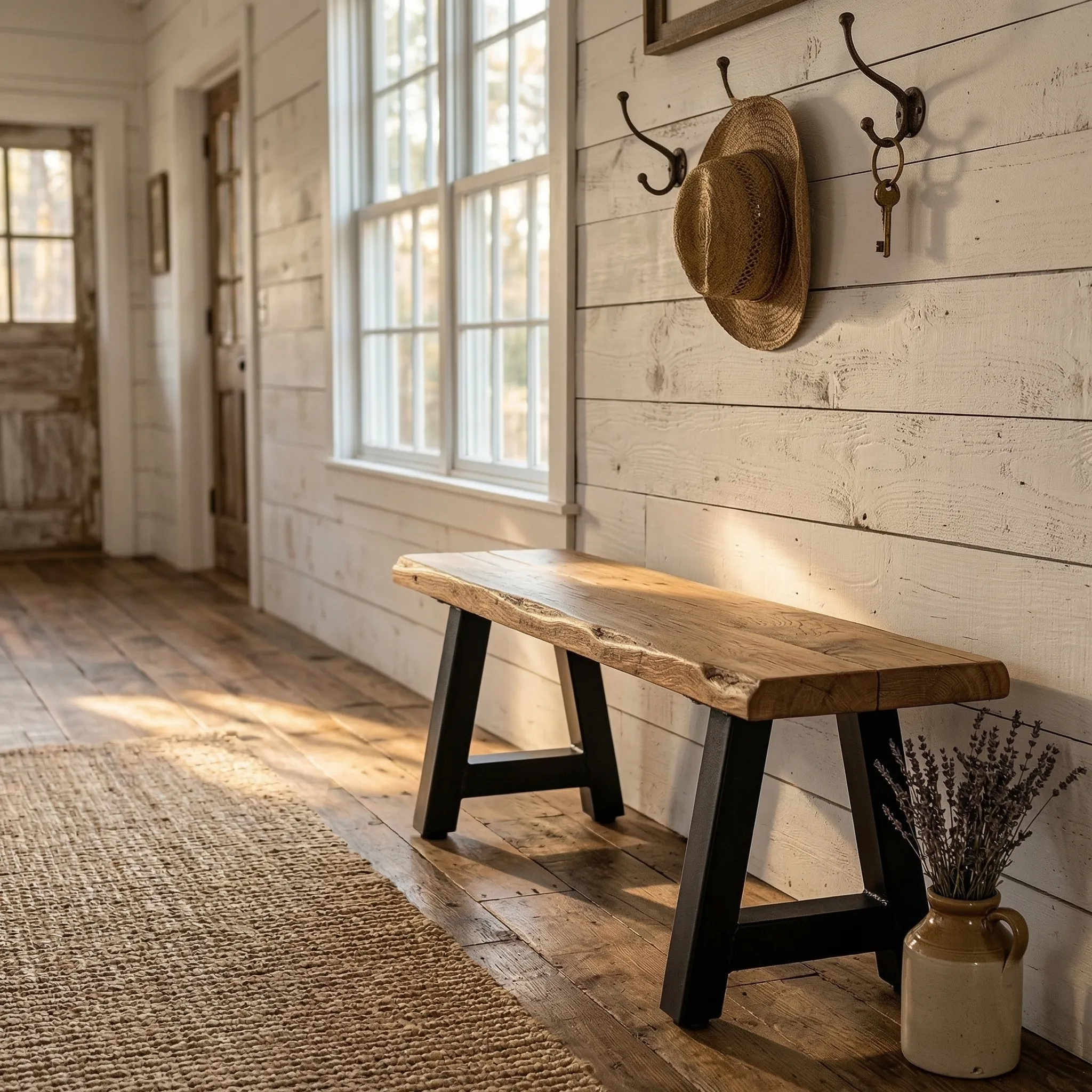 Industrial Solid Wood Bench with Hairpin Legs - view 8